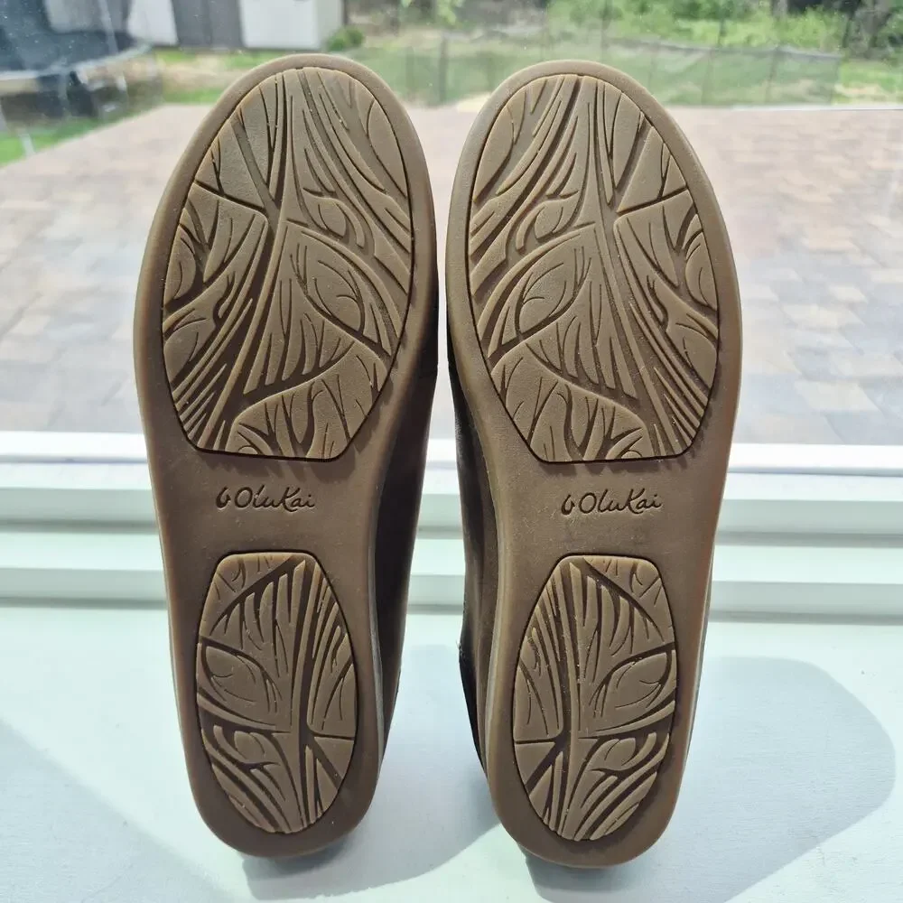 Olukai Nohea Womens Shoes US 10 Nubuck Brown Leather Slip on Loafers Drop Heels - Picture 7 of 9